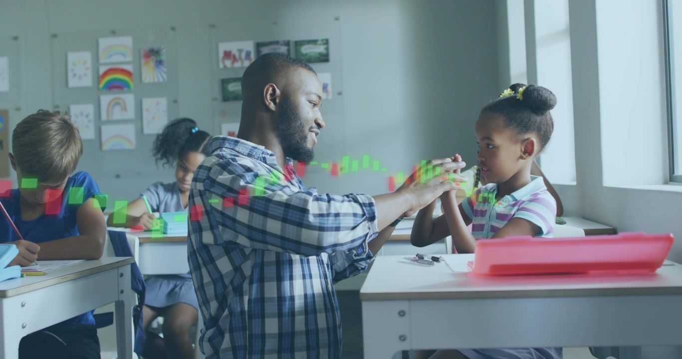 Teacher kneeling raising hands teaching pencil grip in classroom, green red overlay tracking hands