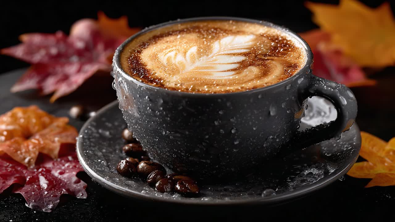A Cozy Cup of Aromatic Coffee: A Rich and Creamy Brew in a Black Mug Surrounded by Vibrant Autumn Leaves and Coffee Beans