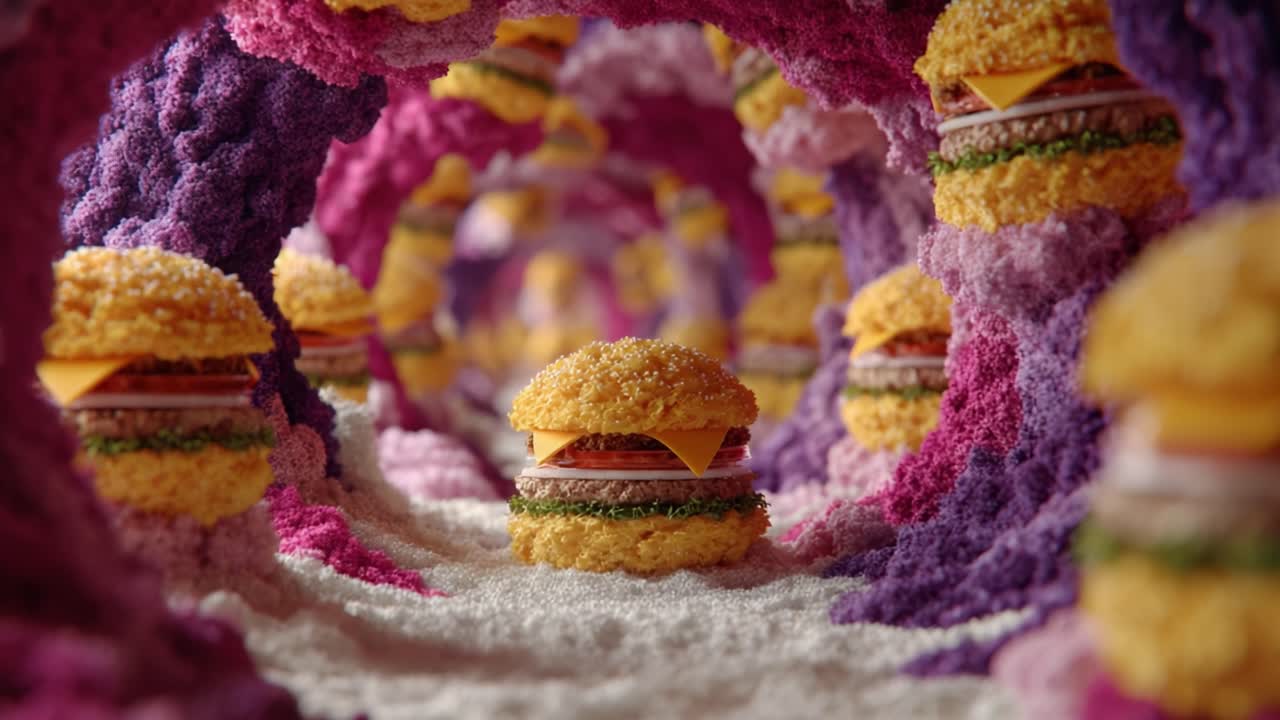 A Whimsical Journey Through a Colorful, Burger-Laden Wonderland: A Visual Feast of Imagination and Creativity Infused with Flavorful Surprises