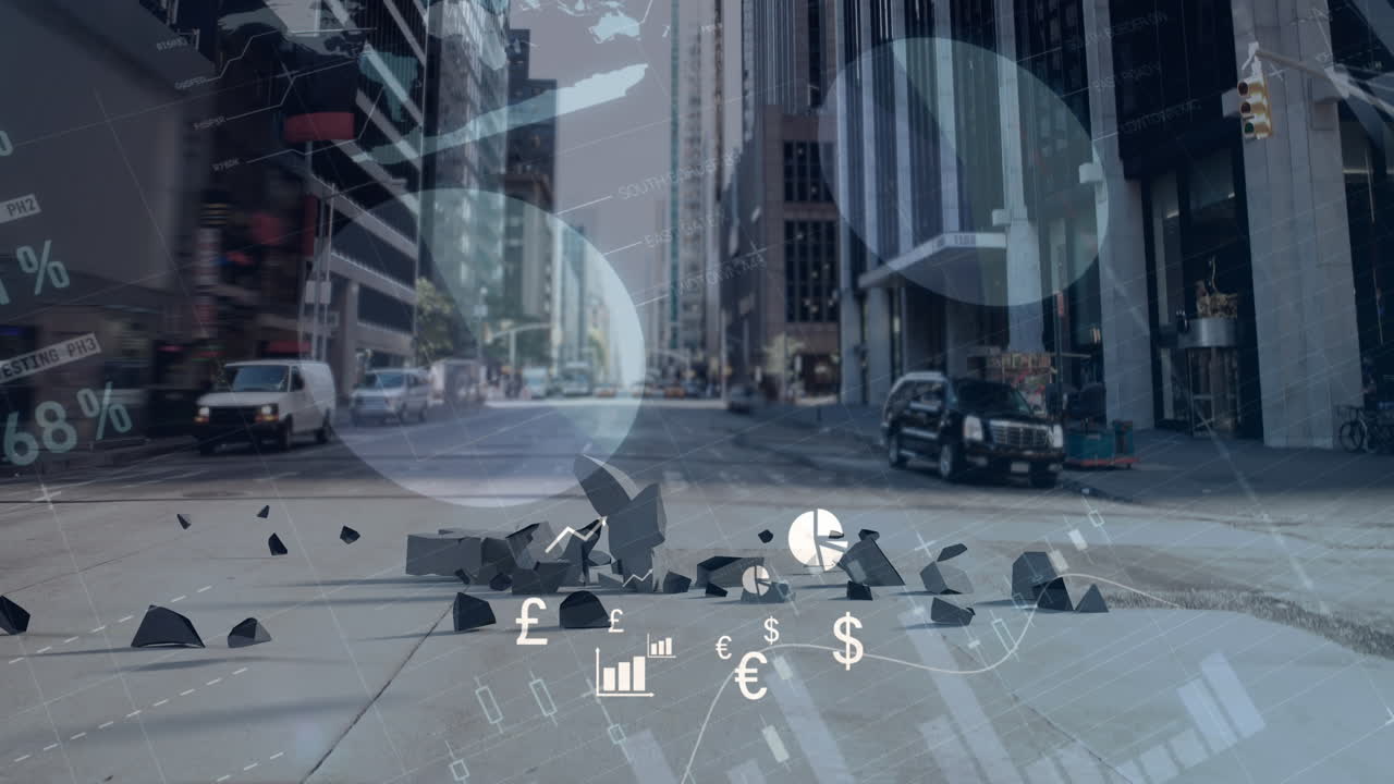 인포그래픽 인터페이스의 애니메이션이 아이콘과 유로 기호를 통해 현대 도시를 상대로 거리에서 깨집니다.