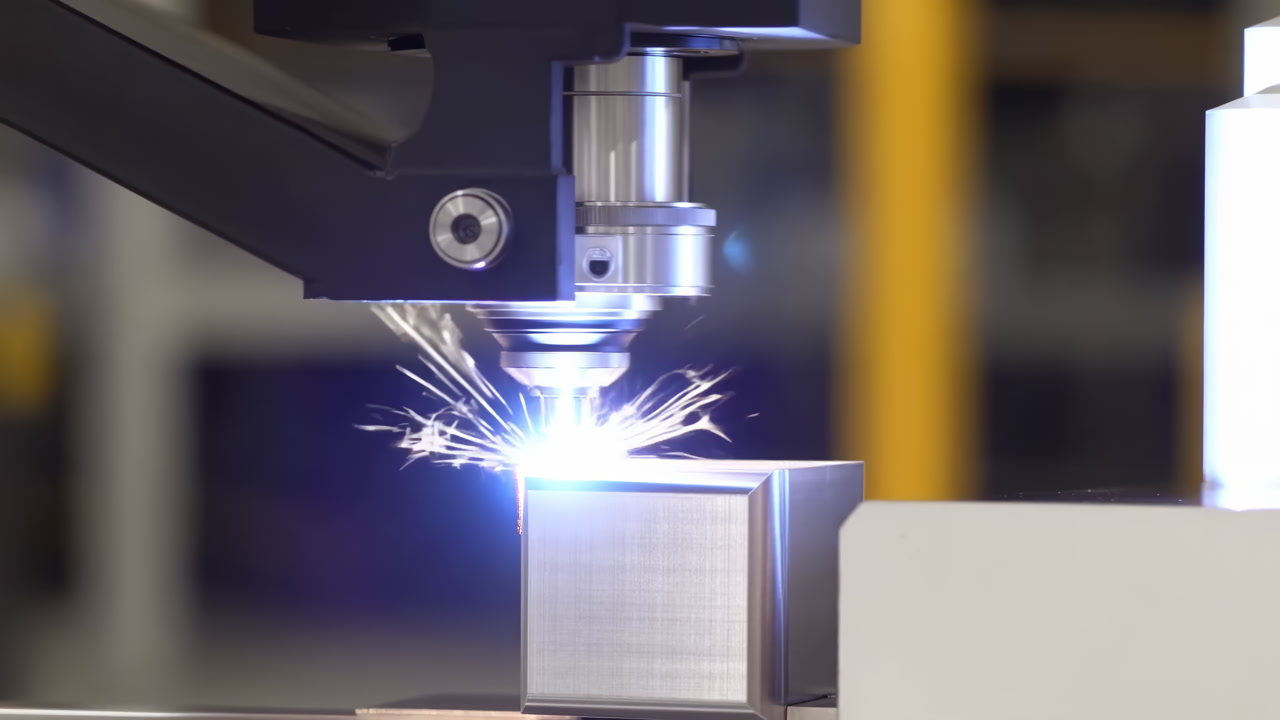 Laser Cutting Metal Block With Sparks, Closeup Of CNC Head Generating Blue Plasma Arc And Hot Sparks