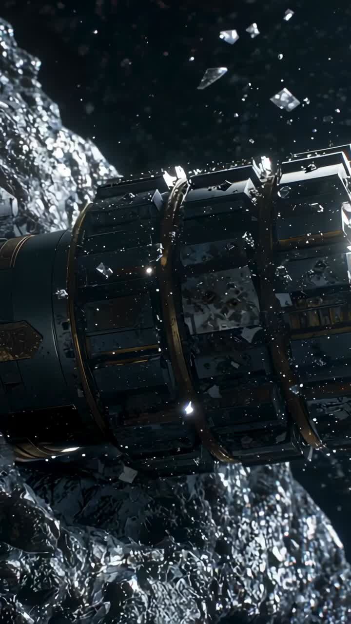 Vertical video: Rotating metal cylinder on camera pan, showing gold rings, panels, shards near rock