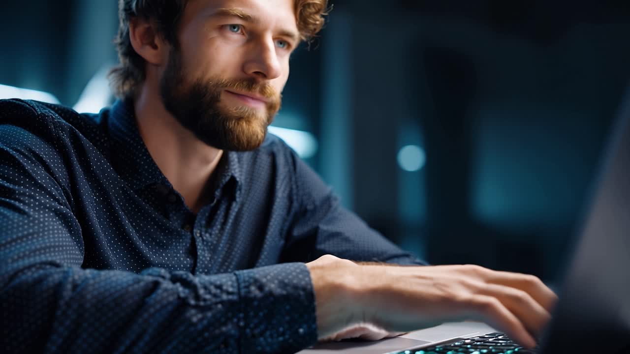 Fokusert mann som taster på laptop om natten, fordypet i arbeid eller studier, med belyst tastatur, intens konsentrasjon, moderne arbeidsplassatmosfære og teknologibruk