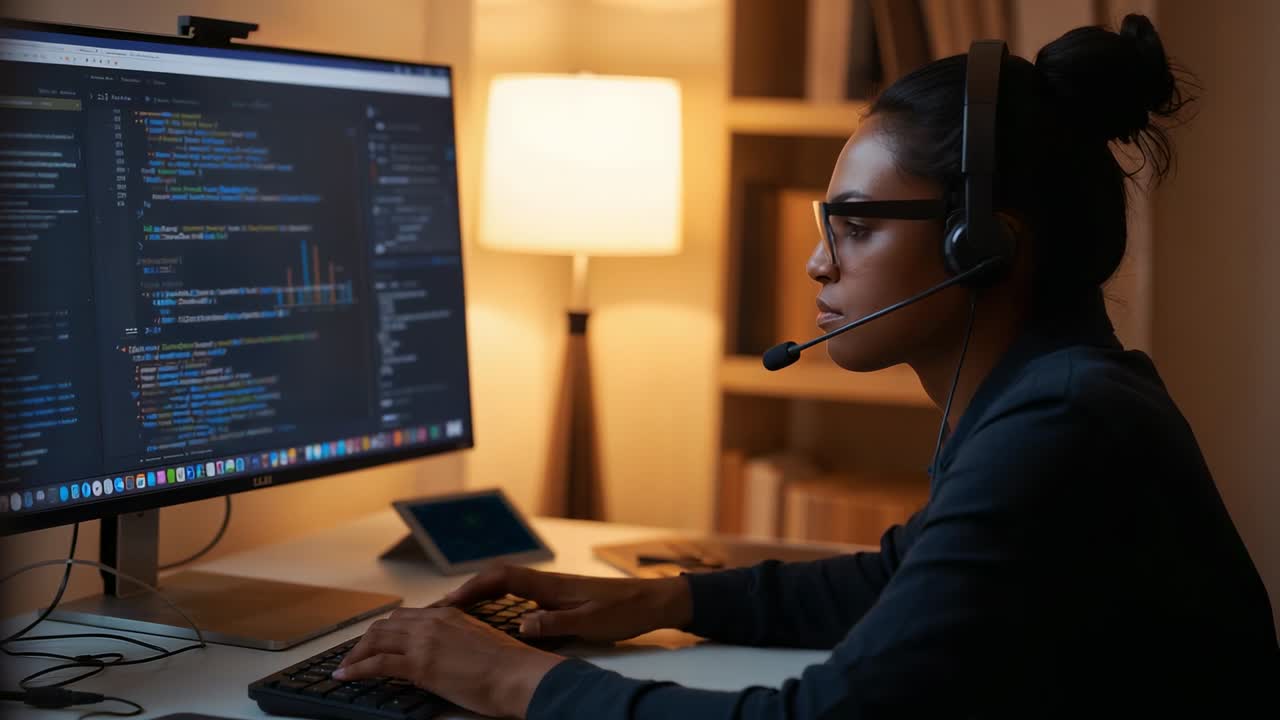 Vertikales Video: Monitor aktualisiert sich, Frau lehnt sich vor und tippt, während sie Code überprüft und Software debuggt.