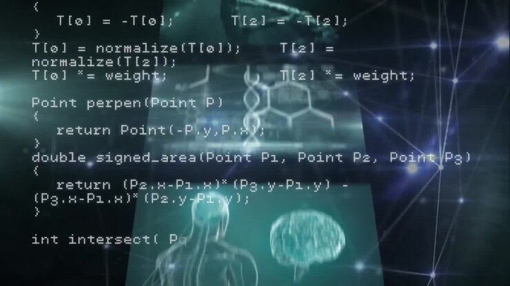 Animation of dna strand, network of connection and data processing over screens