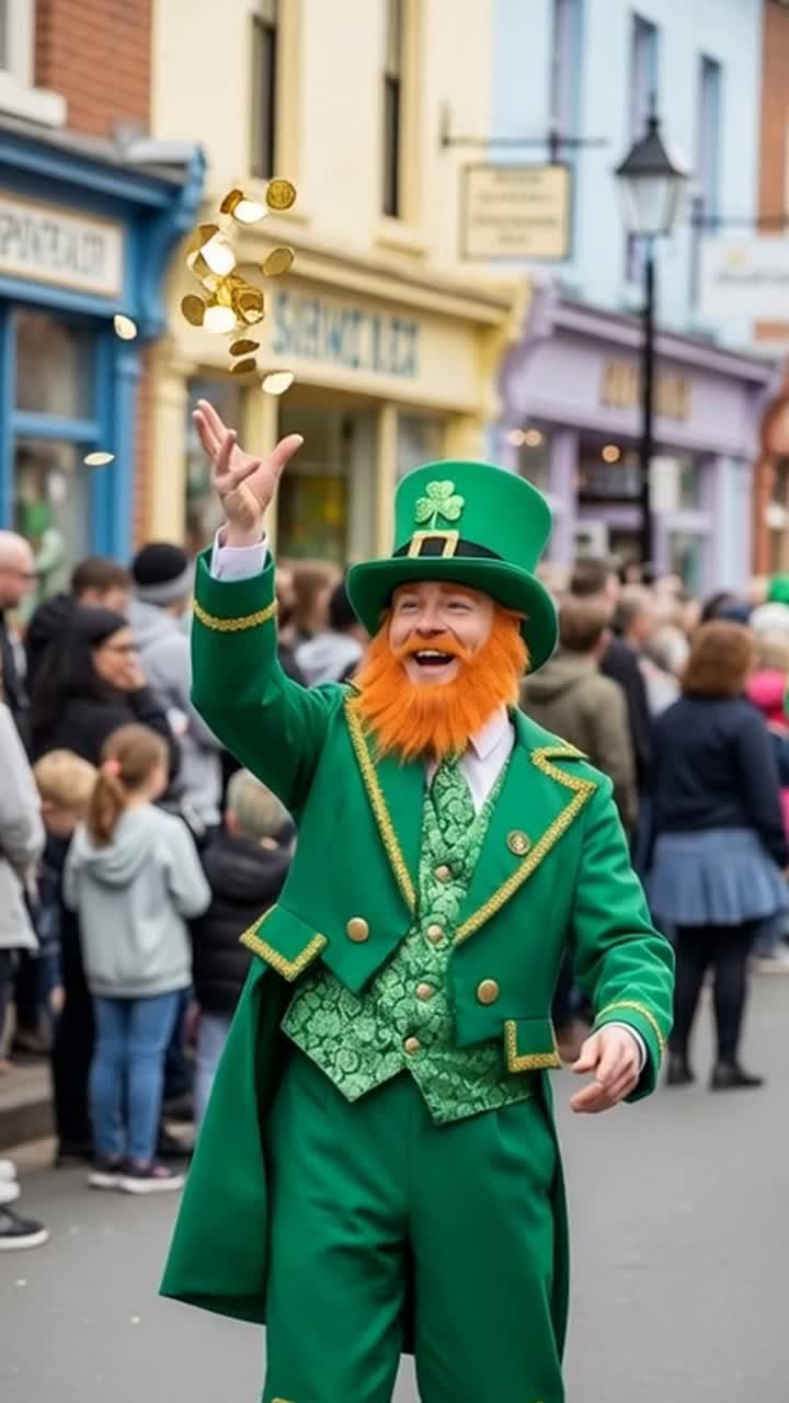 Leprecauno gioioso che lancia monete d'oro durante la parata