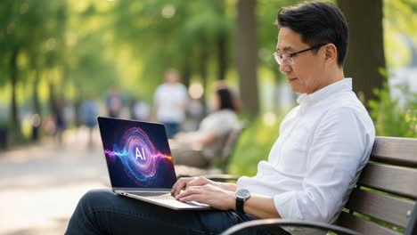 a professional seated on a bench in a serene park environment, engaged with a laptop displaying dynamic ai graphics, embodying the fusion of nature and technology for inspiration and creativity