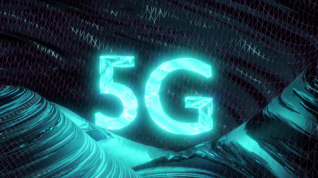 grafica animata del simbolo blu incandescente 5g che gira, sfondo scuro