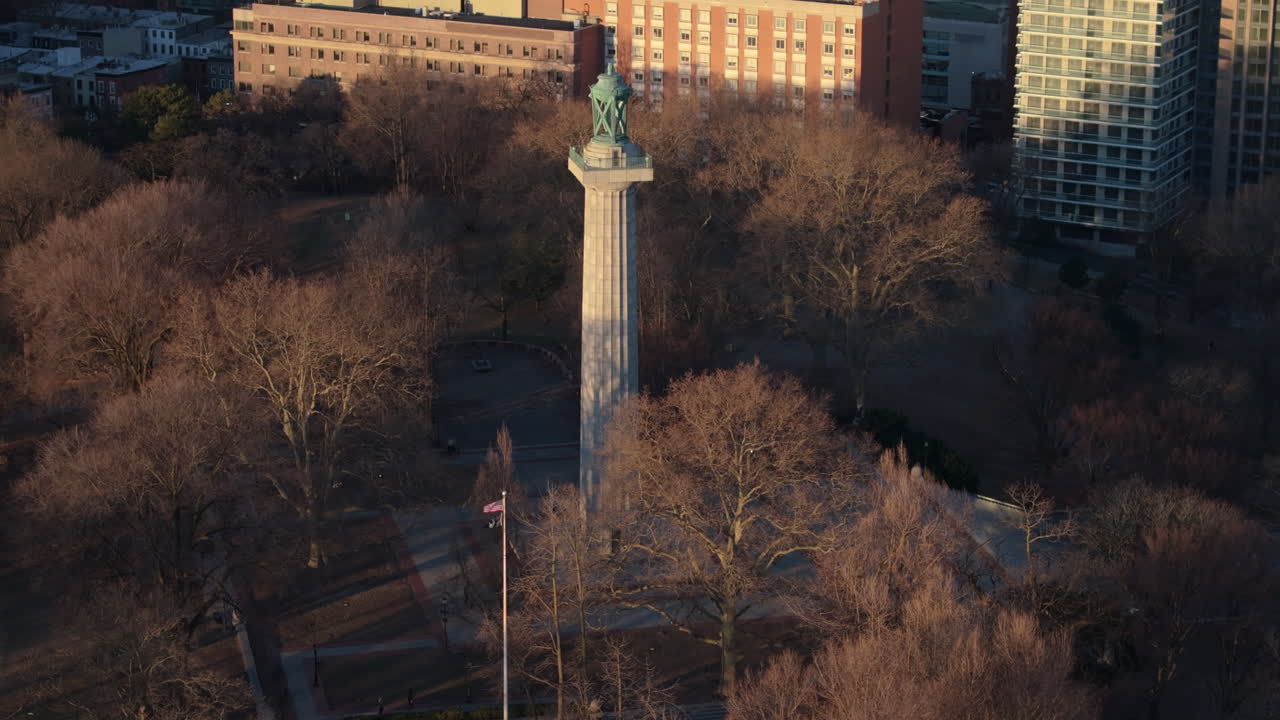 Aerial view of the Prison Ship Martyr's Monument. Shot on a winter morning in Brooklyn’s Fort Greene Park