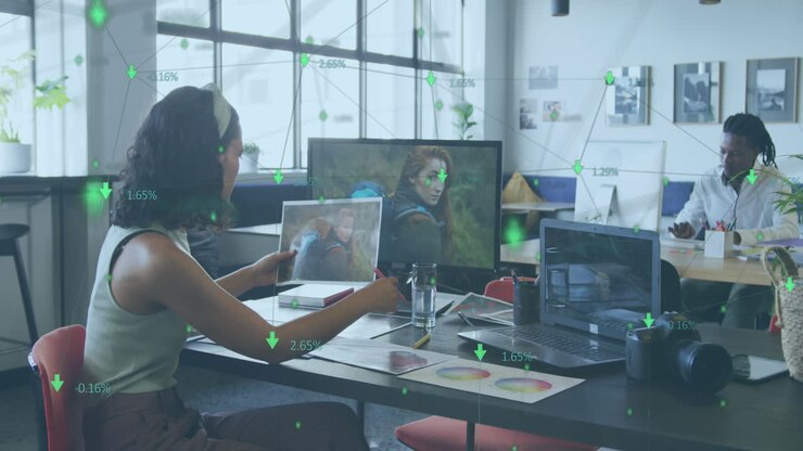 Animation of data processing over diverse business people in office
