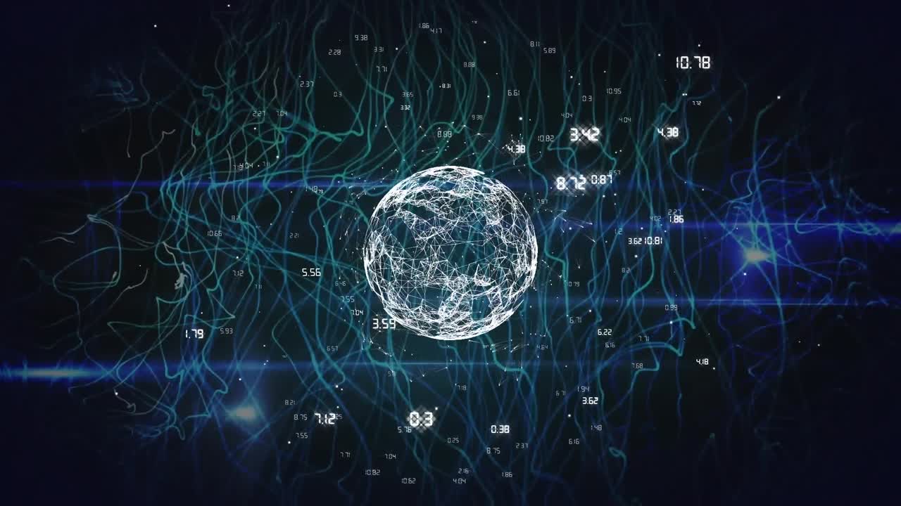 Animation of numbers and globe over abstract pattern against black background