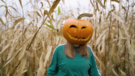 girl with pumpkin head in squid game green tracksuit walking through dry cornfield