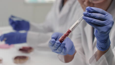 lab researchers examining a test tube of cultivated meat