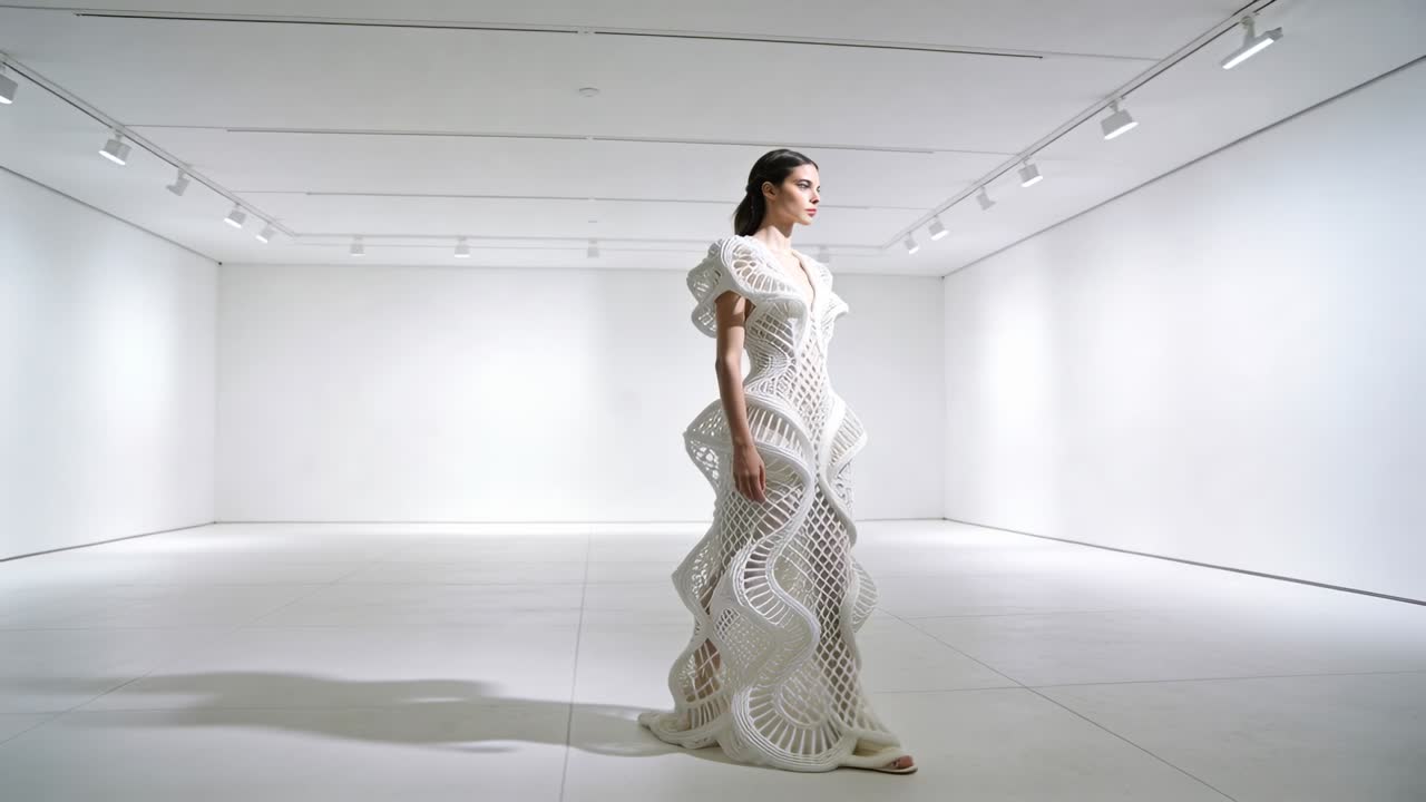 Modelo feminina girando para a direita após pose frontal em galeria branca, exibindo vestido escultural.