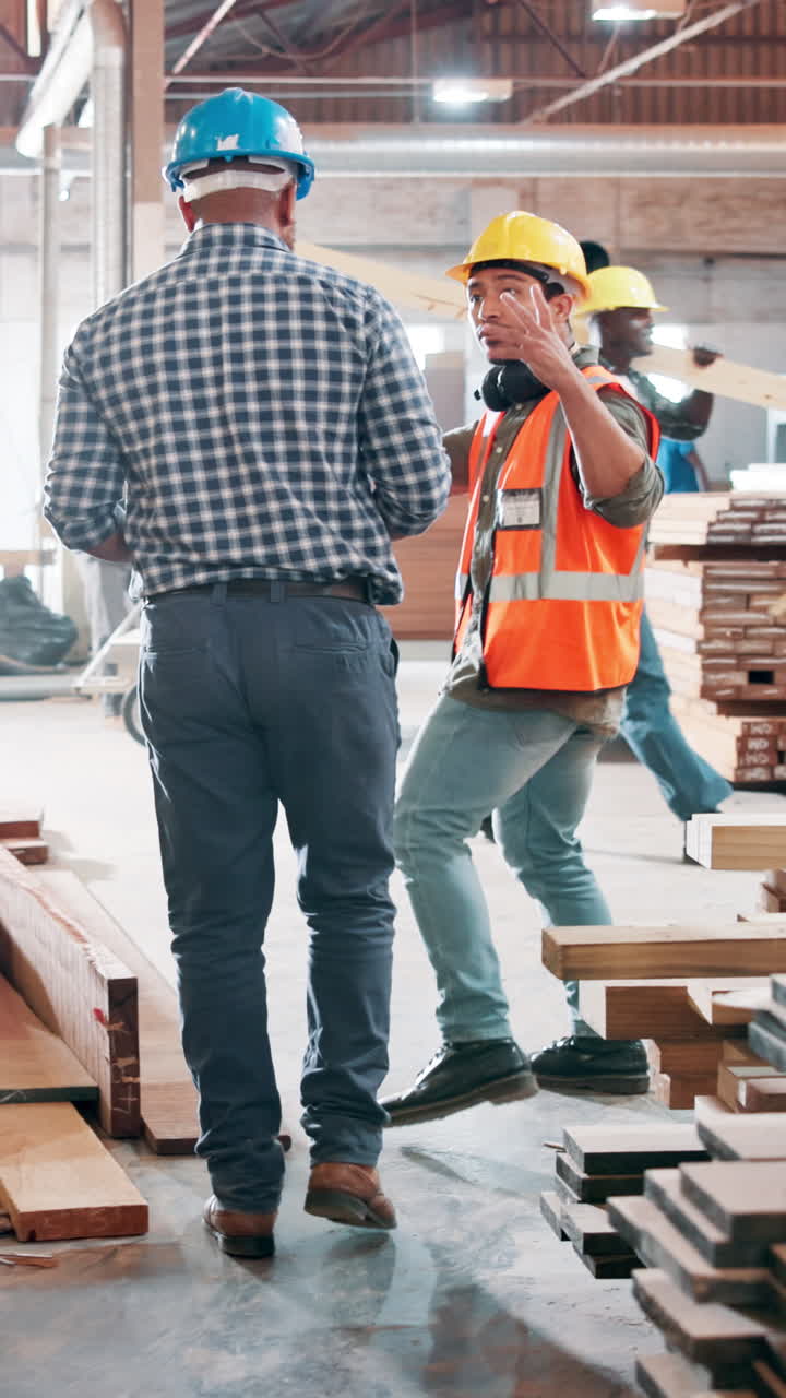 Construction Workers Discussing Plans in a Lumber Warehouse