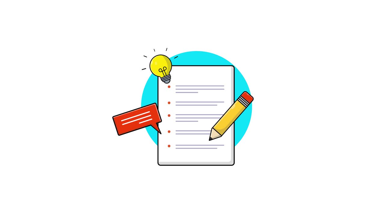 Animated Document with Pencil, Idea Lightbulb, and Speech Bubble