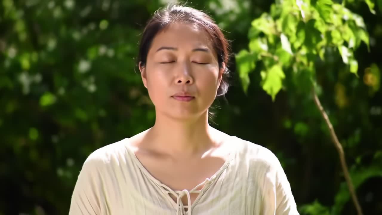 A Moment of Tranquility: A Woman in Meditation Amidst Nature's Embrace, Capturing Inner Peace and Serenity with Eyes Closed and a Calm Expression