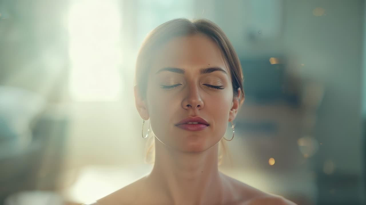 Donna motivata dalla luce del sole che entra dalla finestra, inclina la testa verso destra nel soggiorno, con particelle fluttuanti