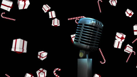 animación de un micrófono antiguo con regalos de navidad cayendo sobre un fondo negro