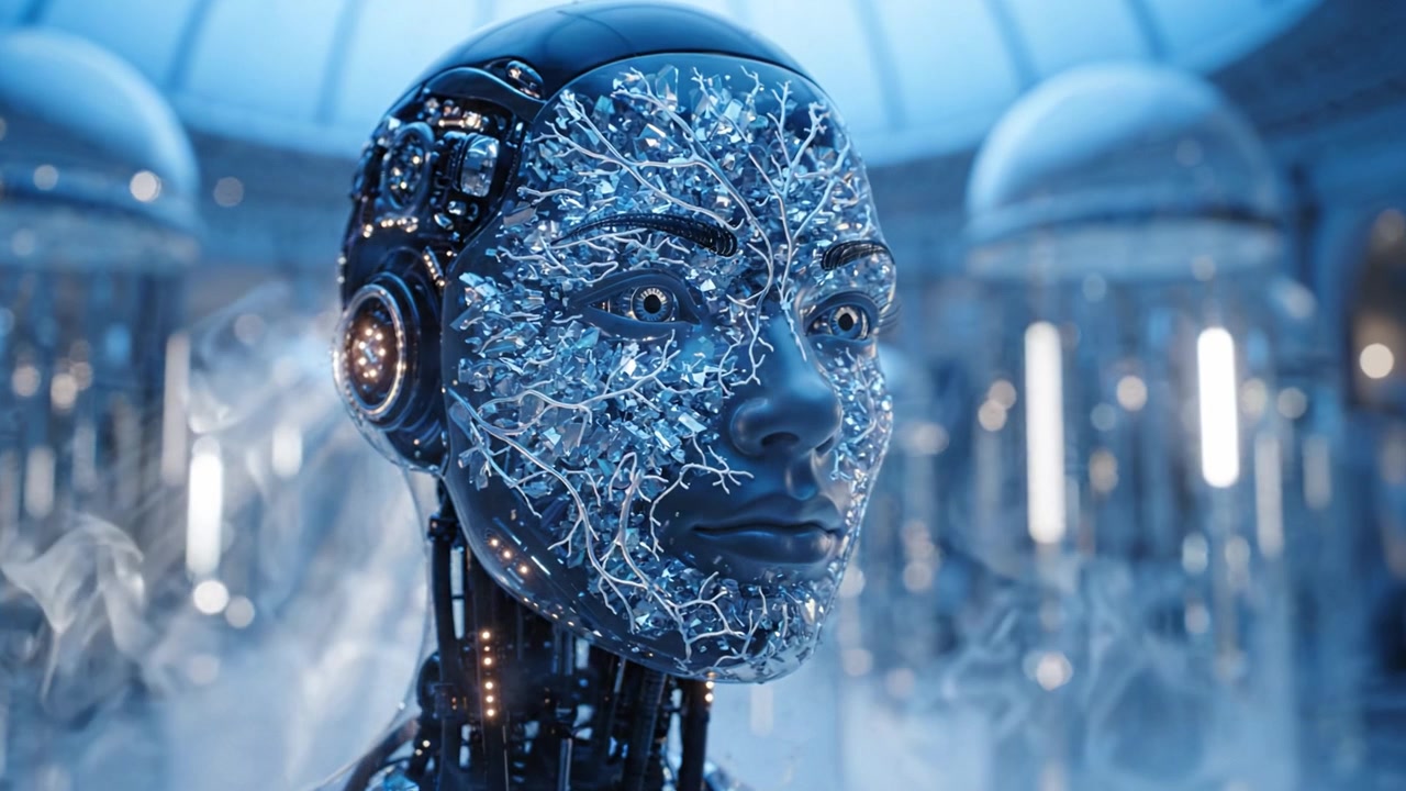 Un robot futuristico con intelligenza artificiale, con intricati schemi di circuiti e dettagli luminosi in un ambiente high-tech, che mostra tecnologia e design avanzati