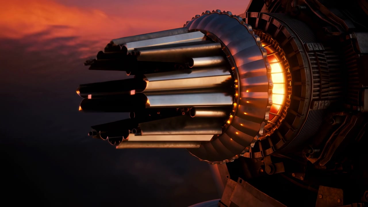 Close-up view of a jet engine turbine on the right side of the frame, lit by warm orange light and set against a dark industrial background with a dramatic
