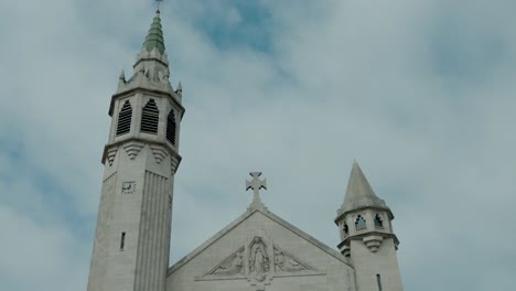 close up of a church with two towers and a cross, set against a cloudy sky