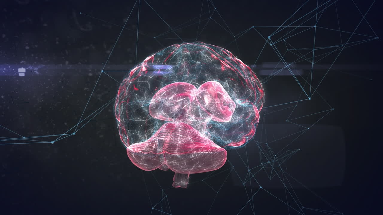 animación de pantalla digital con cerebro, conexiones y formas rojas