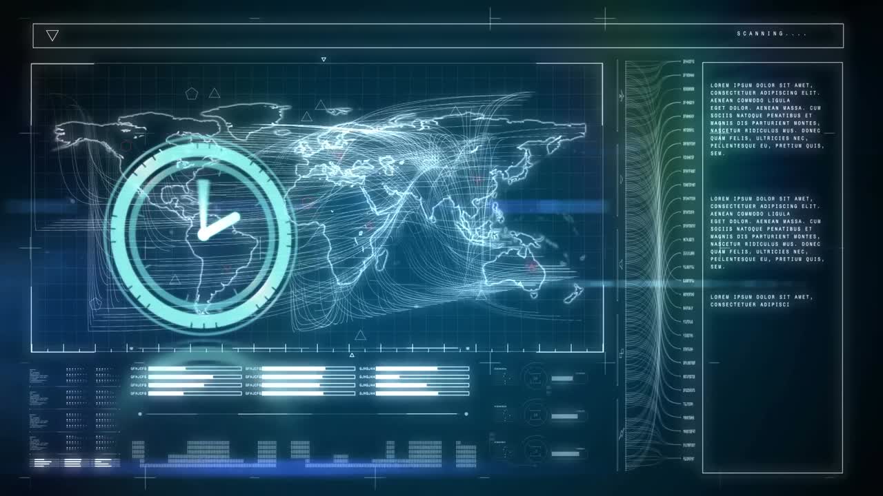 animación de un reloj que se mueve rápido y procesamiento de datos en pantalla digital