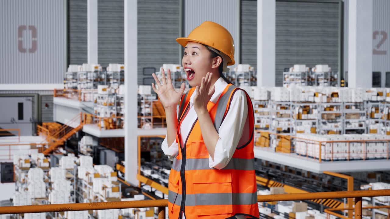 안전 헬을 입은 아시아 여성 엔지니어가 배달 물품으로 가득 찬 선반과 함께 창고에 서있는 측면 뷰.