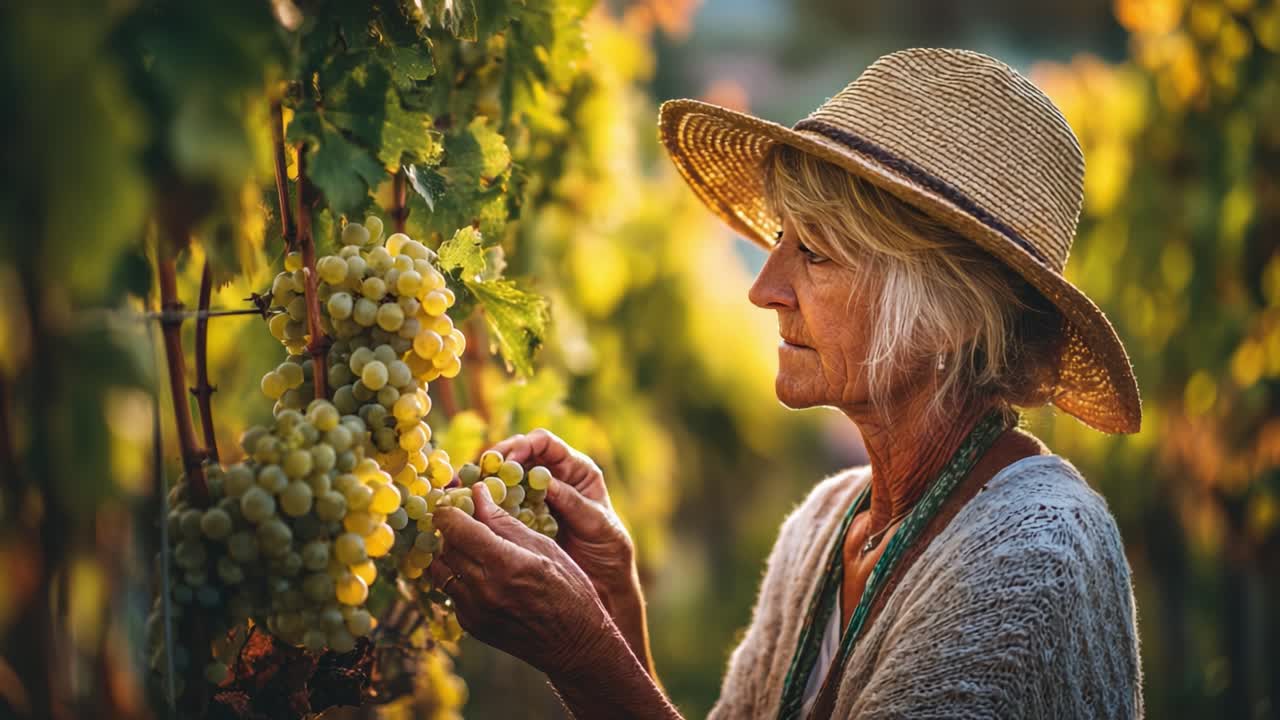 Un'anziana signora che raccoglie con cura l'uva matura in un vigneto soleggiato, mettendo in mostra la bellezza della stagione del raccolto e la dedizione alle tradizioni di vinificazione di qualità.