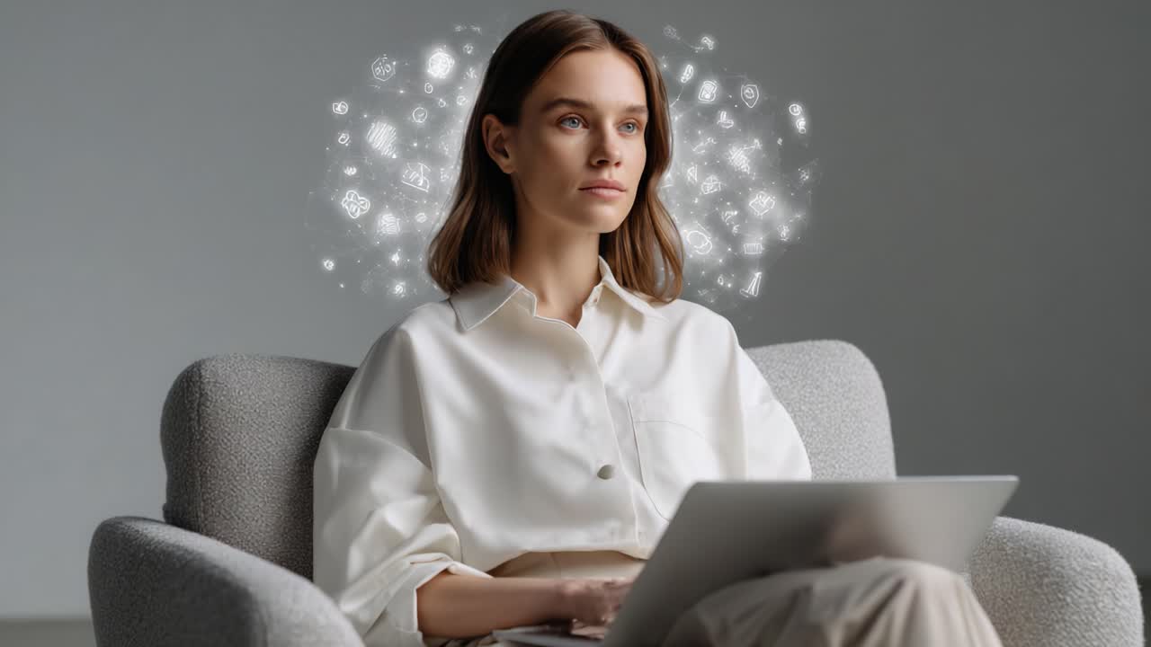 A Thoughtful Woman in a Cozy Setting Engaging with Creativity and Ideas on Her Laptop, Surrounded by Symbolic Light Representing Inspiration and Imagination