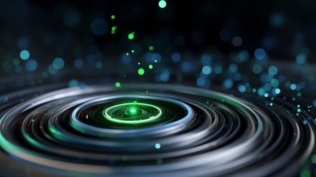 Abstract Green Light Core with Swirling Rings and Bokeh Particles