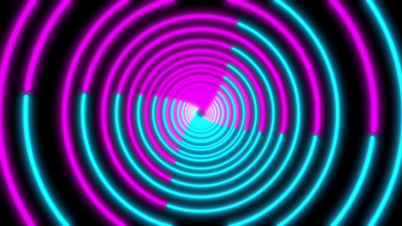 Neon Circle background with LED Fluorescent tunnel. Ultraviolet abstract blue, purple color. looped animation 4k