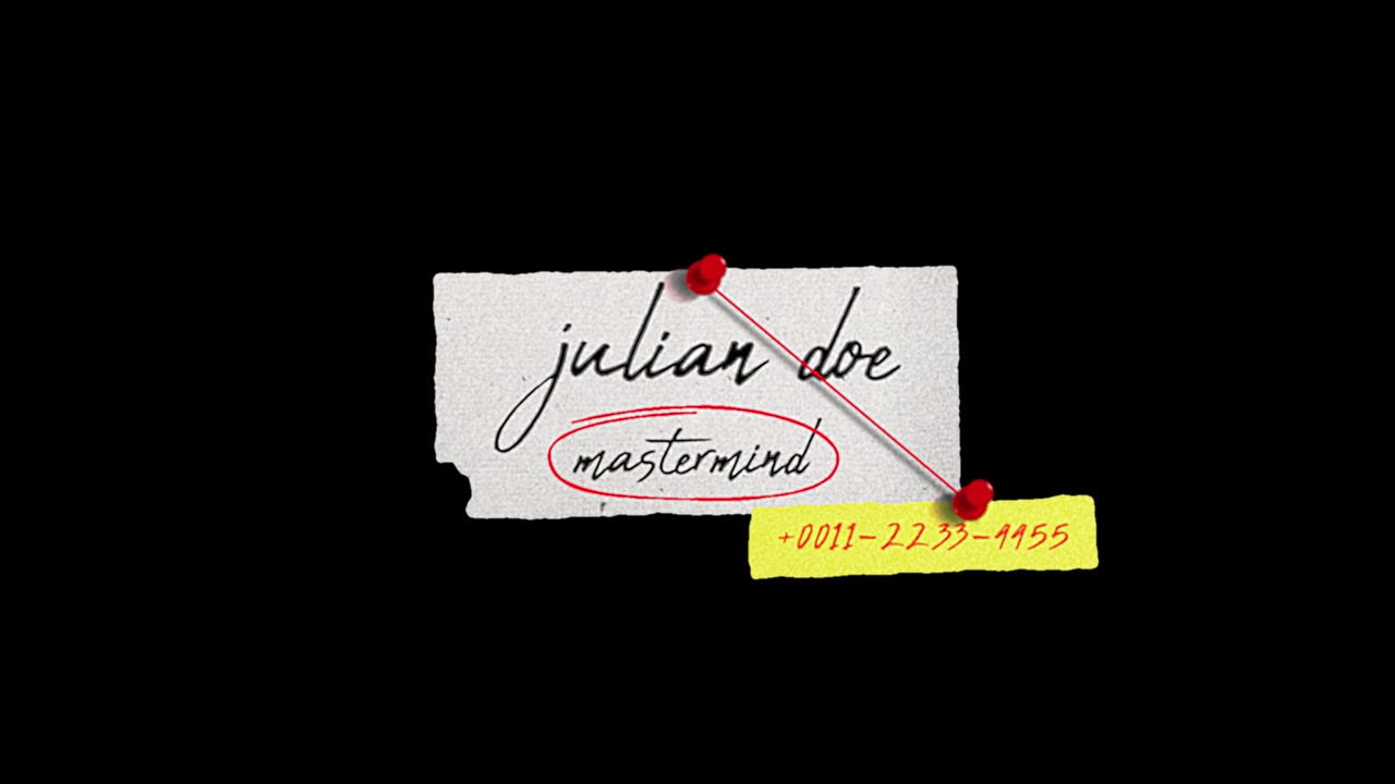 Nota animata del mastermind Julian Doe con numero di telefono e puntine