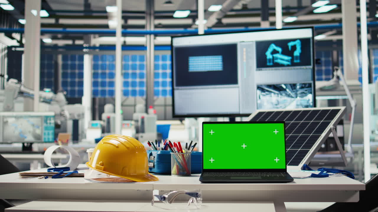Mockup Laptop In Solar Panels Manufacturing Plant Used For Downtime Alerts