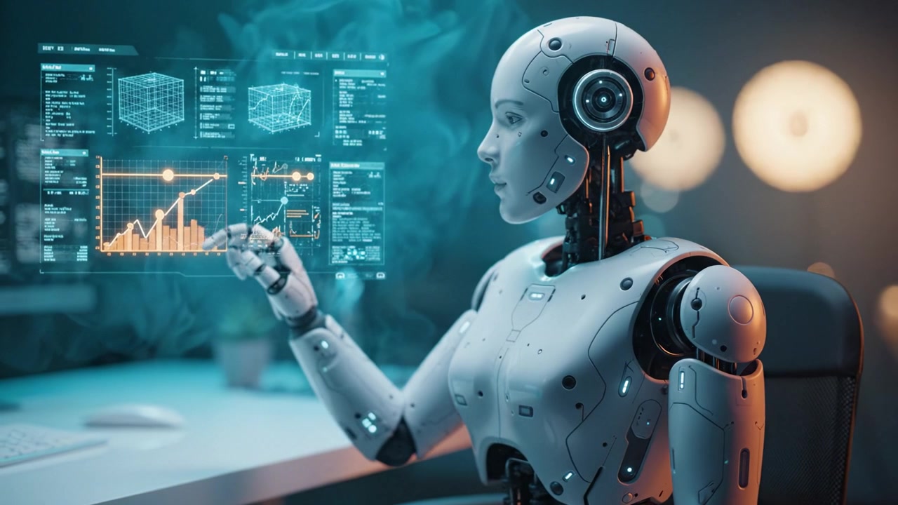 Un robot umanoide altamente avanzato interagisce con display di dati digitali, mostrando tecnologia all'avanguardia e intelligenza artificiale in un ambiente di lavoro futuristico.