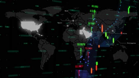 animación del procesamiento de datos financieros sobre el mapa del mundo