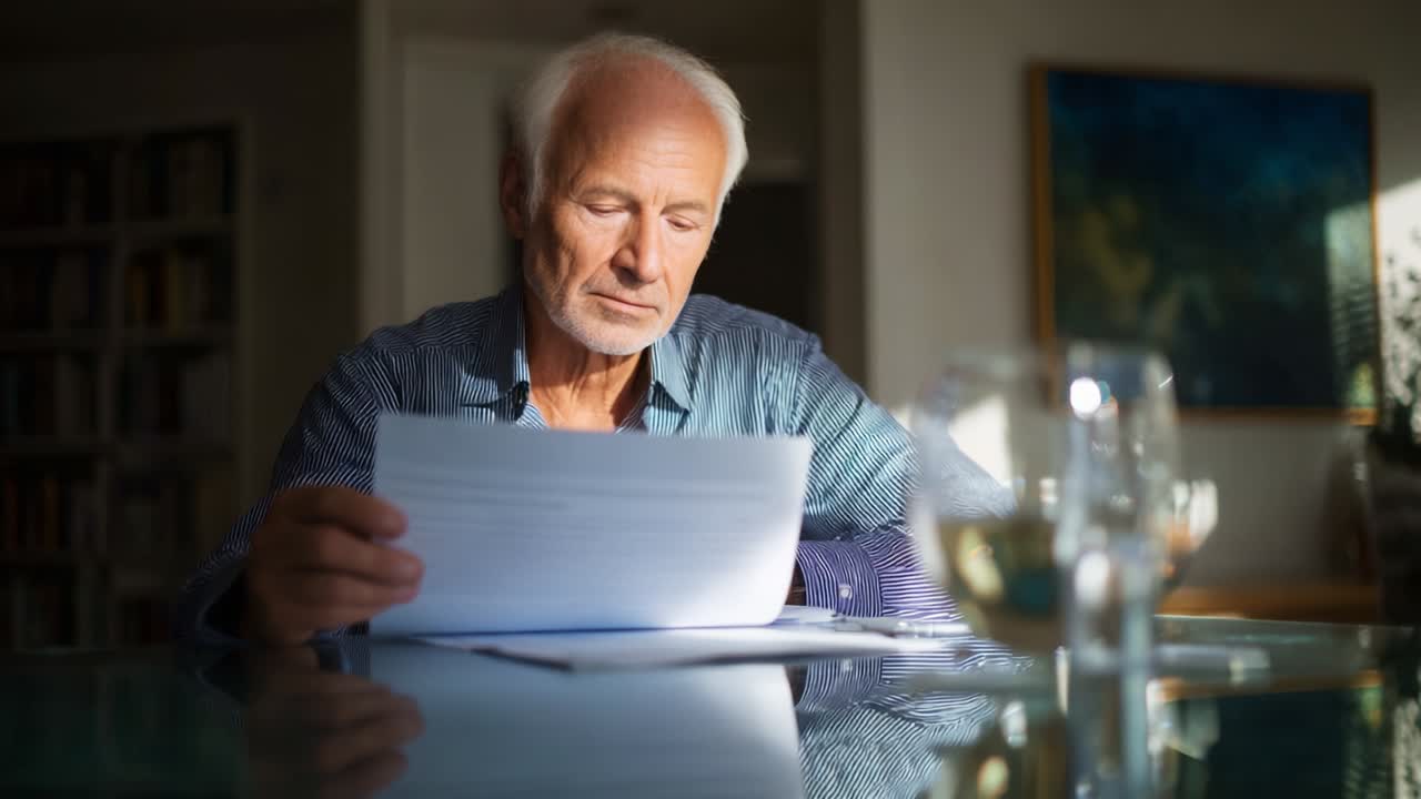A contemplative senior man studying documents at a table, showcasing deep focus and reflection in an indoor setting, illuminated by soft light, revealing emotions of thoughtfulness and curiosity