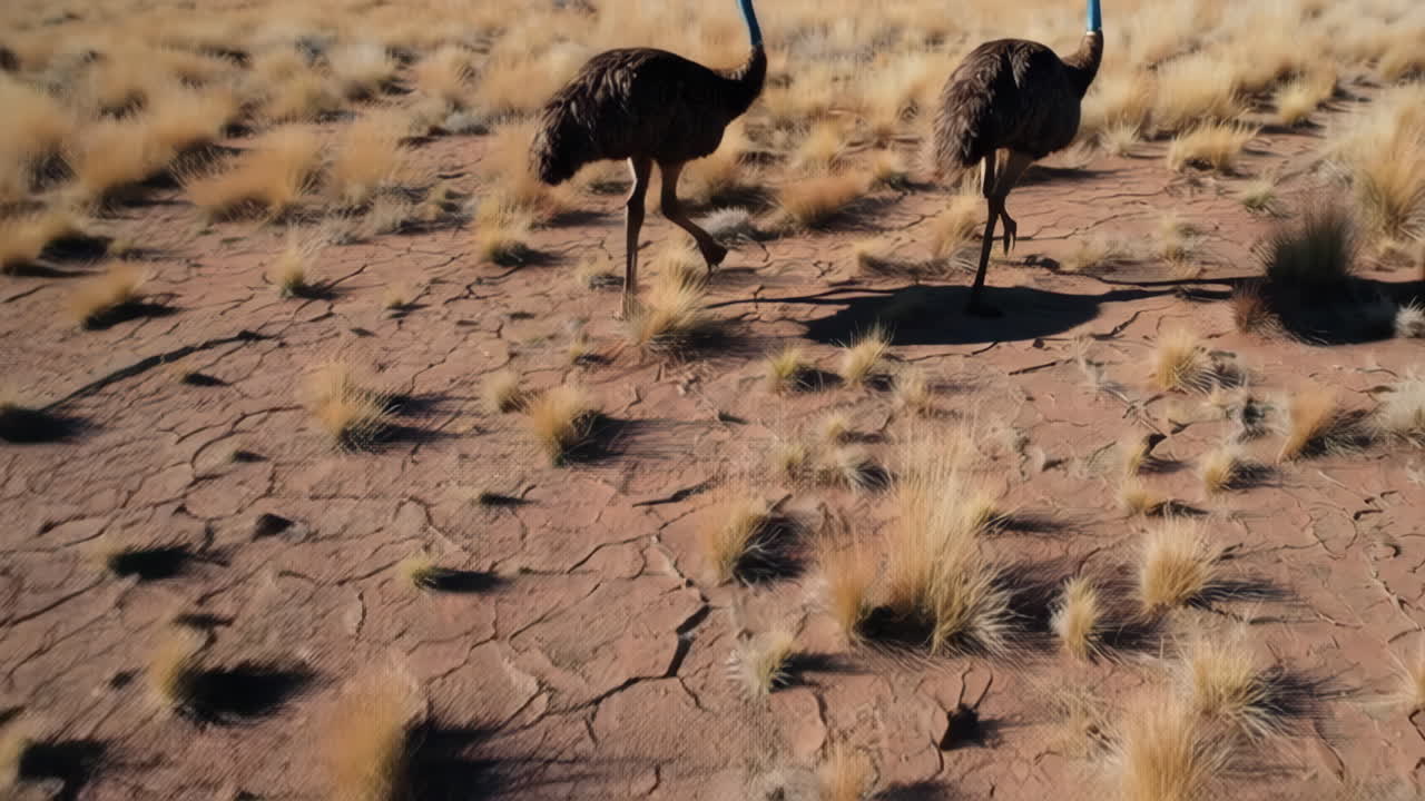 Two Emus in a Dry, Arid Savanna Landscape