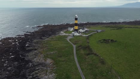 Aerial-view-of-St-John's-Point-lighthouse-on-a-cloudy-day,-County-Down,-Northern-Ireland