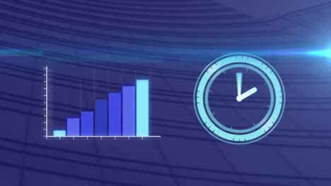 digital clock ticking and statistical data processing against tall buildings in background