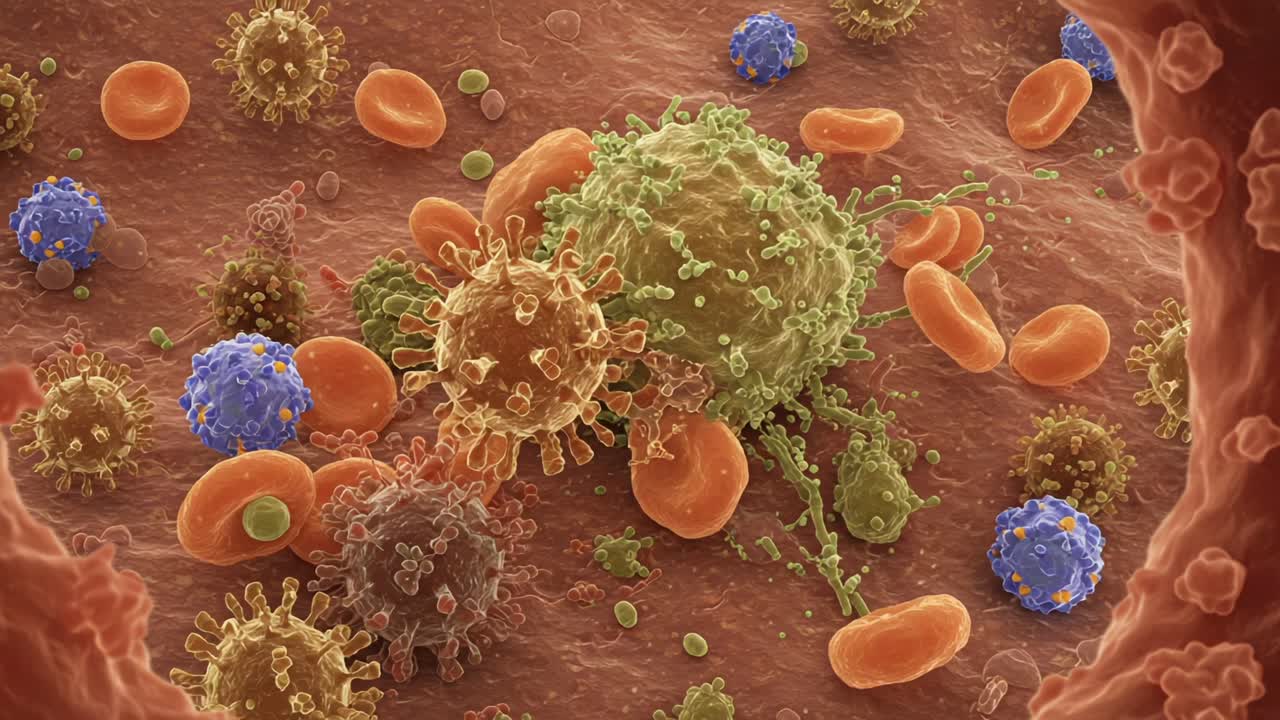 Intricate Microscopic View of Immune Response: A Detailed Examination of Cells, Pathogens, and Blood Components Interacting Within a Host Environment