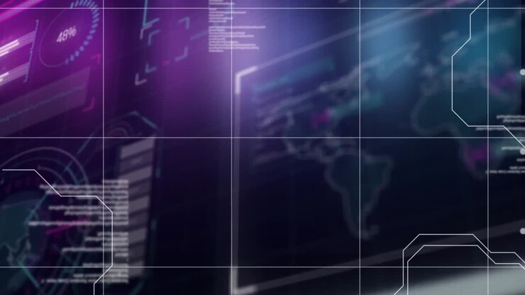 Animation of data processing and world map on black background