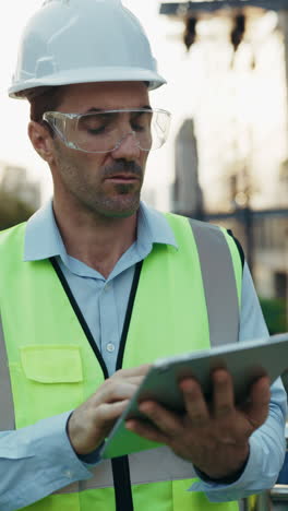 ingeniero usando una tableta en el sitio de construcción