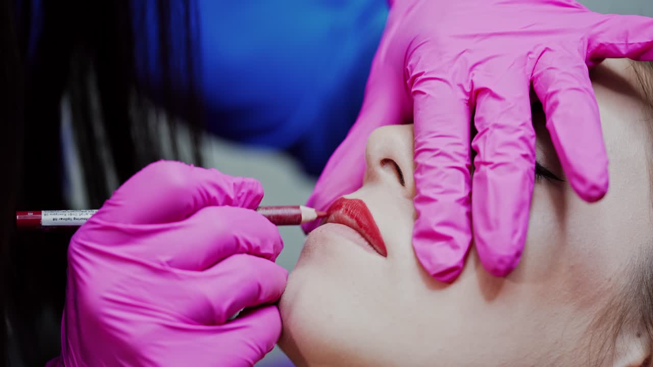 Permanent lip make-up in beauty salon. Cosmetologist draws the lips with a red pencil on the face of a young girl. Close-up.