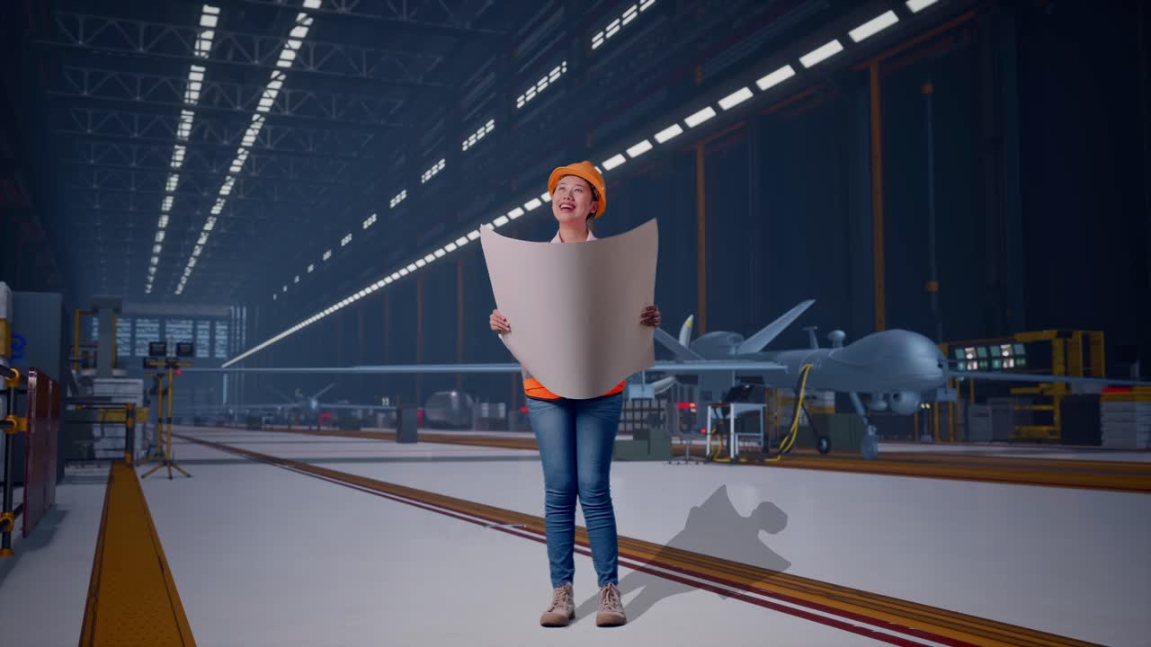 Uma engenheira asiática de corpo inteiro, usando capacete de segurança, examina uma planta em suas mãos e observa ao redor enquanto está em pé, ao lado de um drone militar moderno em um hangar de manutenção.