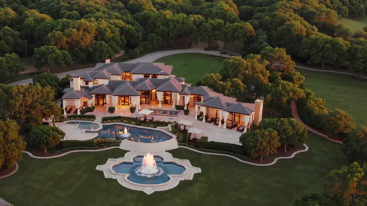 Aerial view of luxurious mansion with elegant architecture, showcasing a serene pool and fountain, surrounded by lush greenery, capturing the essence of opulent outdoor living