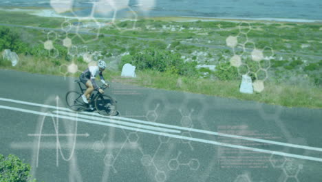 animation of chemical models and data processing over caucasian woman riding bicycle on road