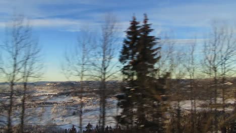 Blick-Auf-Die-Verschneite-Landschaft-Vom-Fahrenden-Zug-Aus