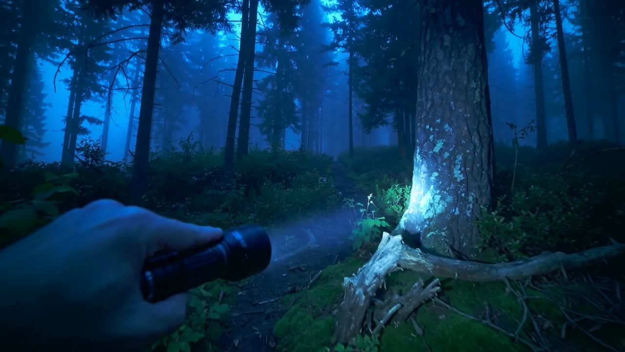 Sweeping hand in coat holding flashlight through dusk forest, lighting mushrooms and finding trail